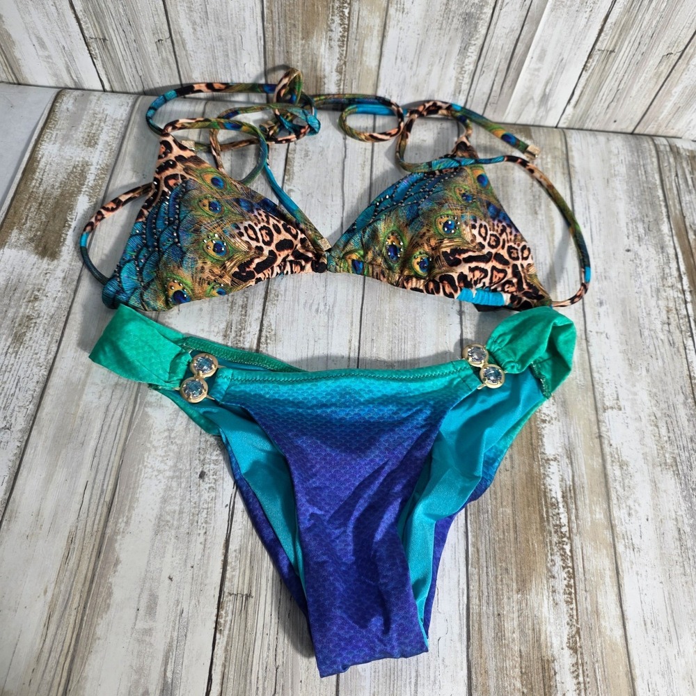 Dolcessa Iceberg Sequin Peacock Leopard Bikini Set Small Blue Teal Ombre NEW